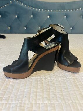 Black Leather Wedge Sandals with Wood-Effect Platform - Michael Kors